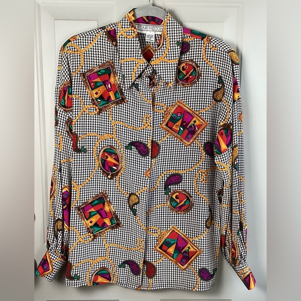 STARINGTON Silk Black White Print Beaded Stoned Vintage Holiday Women's Blouse 8
